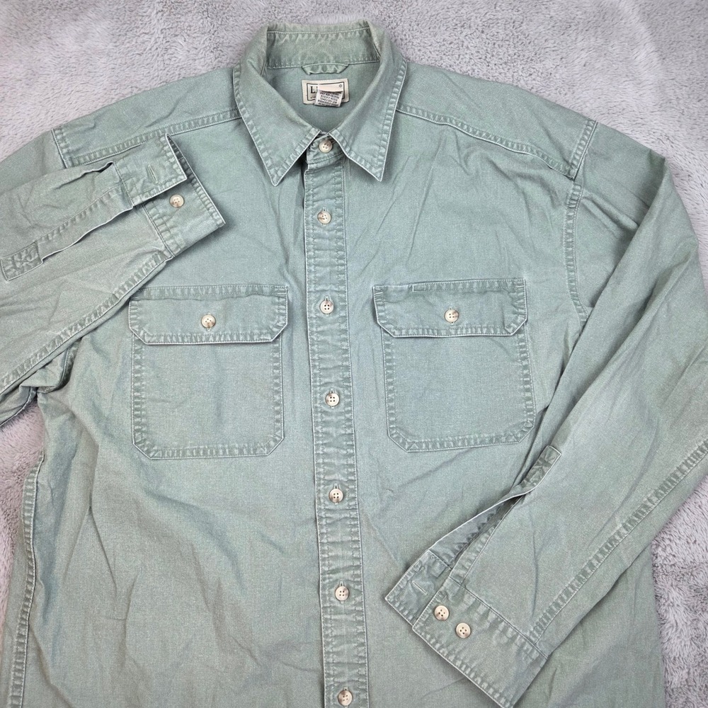 L.L. Bean Canvas Button Down Shirt Mens M Long Sleeve Utility Pockets Sage Green